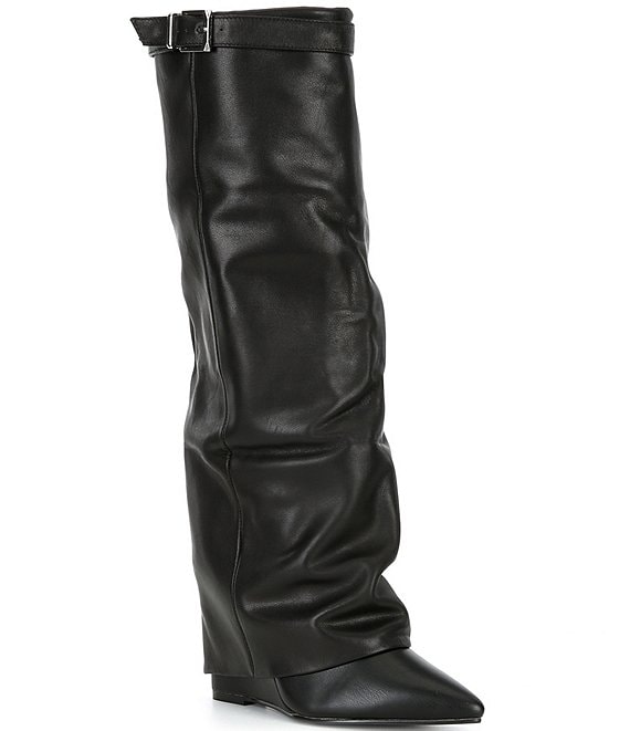 Steve Madden Corenne Leather Foldover Buckle Strap Tall Wedge Boots ...
