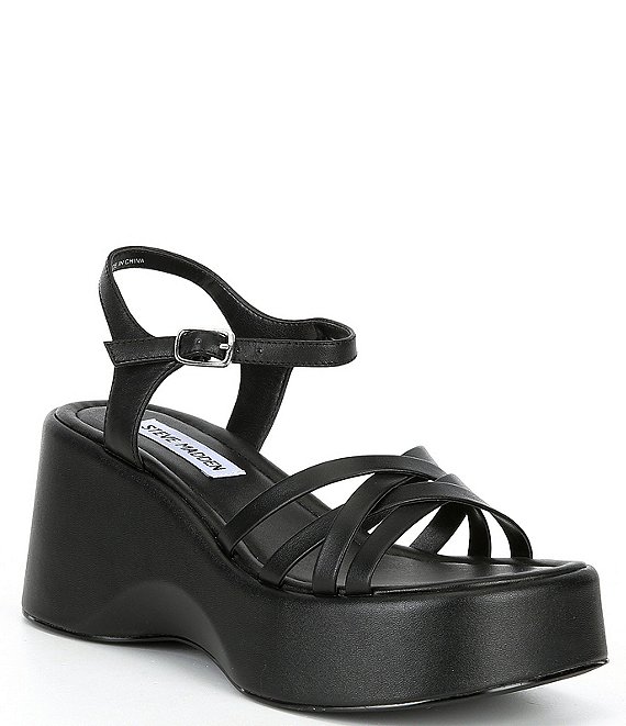 Color:Black Leather - Image 1 - Crazy30 Leather Platform Wedge Sandals