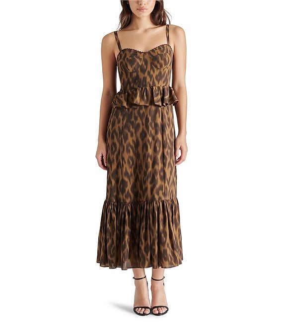 Steve Madden Eve Georgette Leopard Print Sweetheart Neck Sleeveless Peplum Midi Dress Dillard s