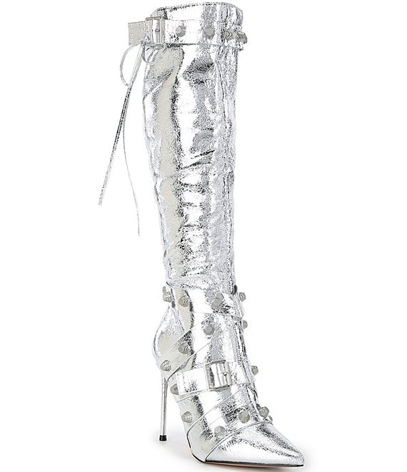 Color:Silver - Image 1 - Fink Studded Strapped Stiletto Tall Boots