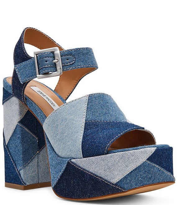 Steve Madden Halea Denim Patchwork Block Heel Platform Sandals