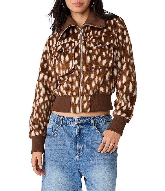 Steve Madden Hunton Country Doe Dot Printed Collared Long Sleeve Faux Fur Jacket