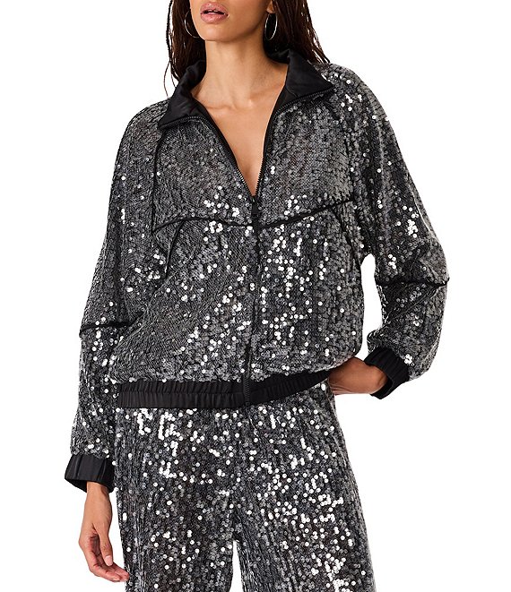 Steve Madden Jacey Sequin Satin Piping High Neck Long Sleeve Zip Front Track Jacket