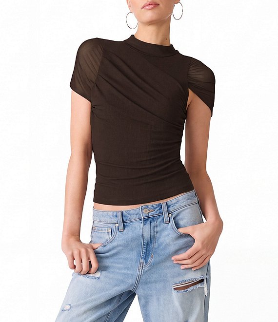 Steve Madden Kerry Mesh Mock Neck Wrap Short Sleeve Knit Top