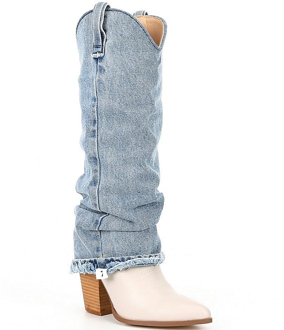 Color:Denim - Image 1 - Lassy Denim Mixed Media Western Fold Over Boots