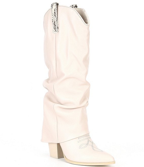Color:Bone - Image 1 - Lassy Leather Western Fold Over Tall Boots