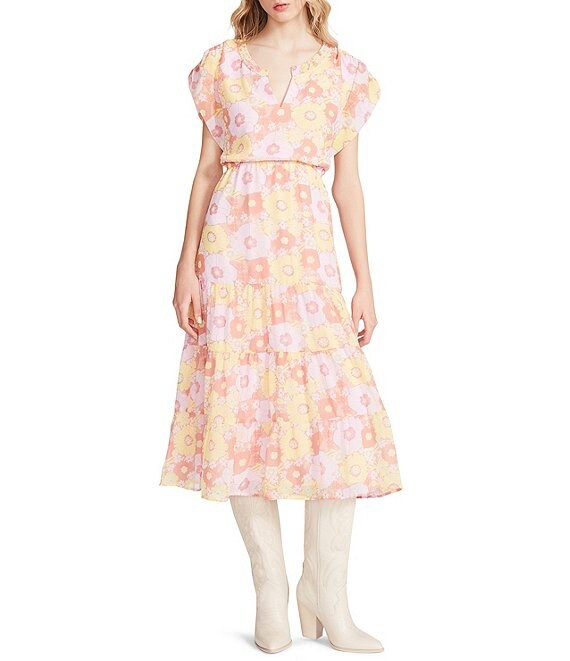 Color:Pink Multi - Image 1 - Leigh Floral Print Crinkle Chiffon V-Neck Short Sleeve Midi Dress