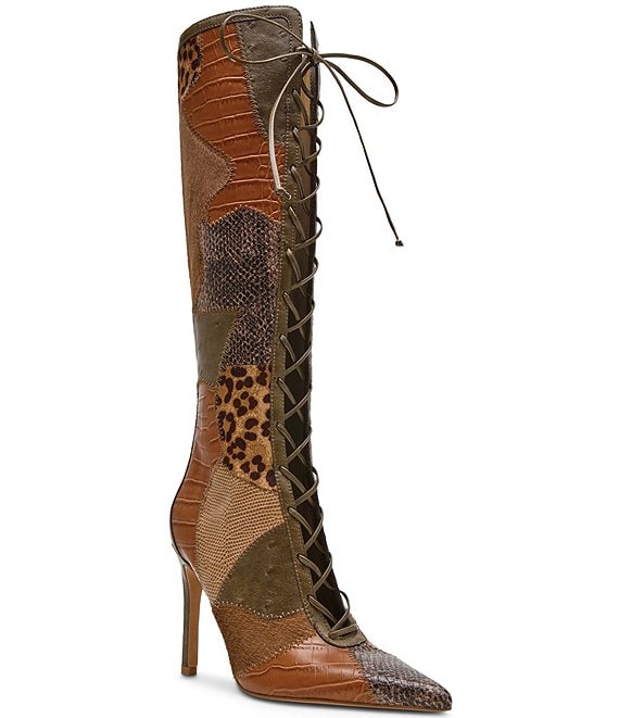 Steve Madden Marelyn Patchwork Pointed Toe Lace Up Tall Boots
