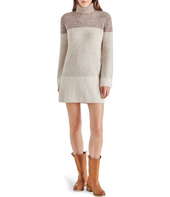Color:Oatmeal - Image 1 - Meghan Colorblock Turtleneck Long Sleeve Mini Sweater Dress