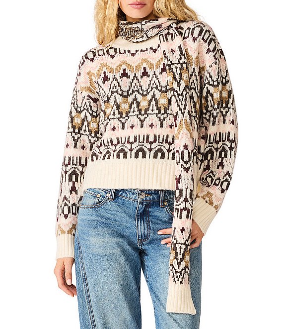 Steve Madden Mindie Patterned Scarf Crew Neck Long Sleeve Sweater
