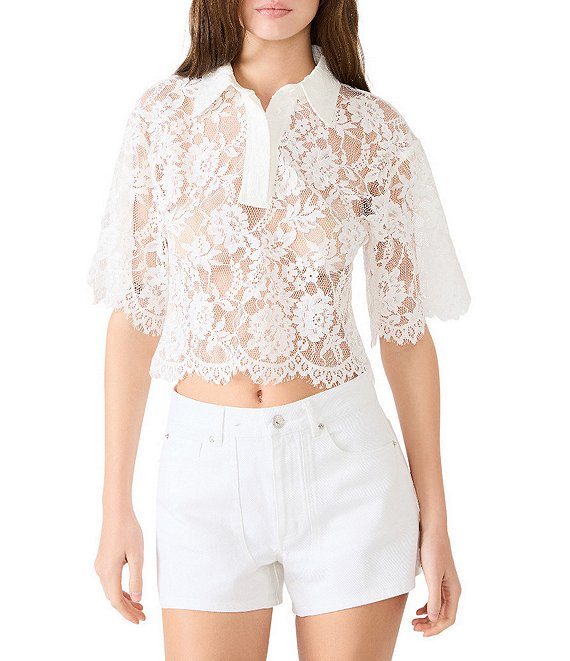 Steve Madden Monette Floral Lace Collared Short Sleeve Coordinating Top