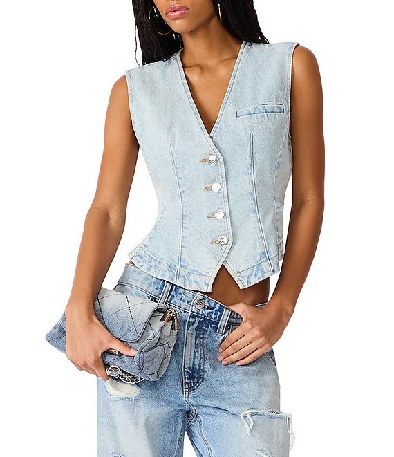 Steve Madden Pressley V-Neck Sleeveless Button Up Peplum Denim Vest