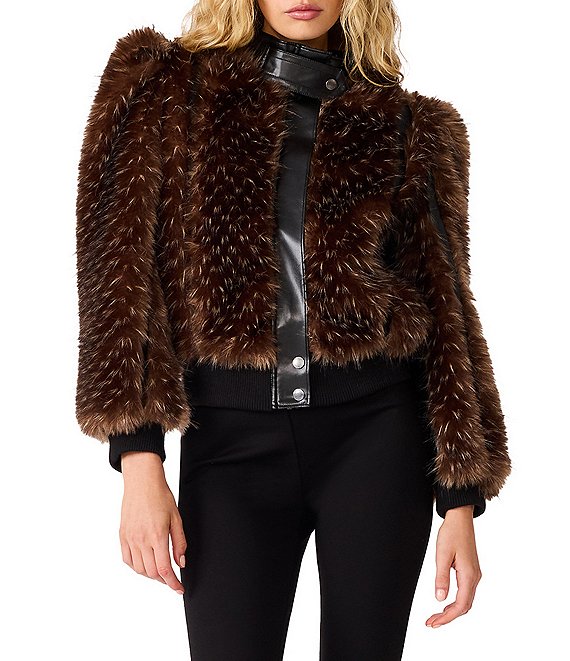 Steve Madden Pru Faux Fur Funnel Neck Long Sleeve Zip-Front Jacket