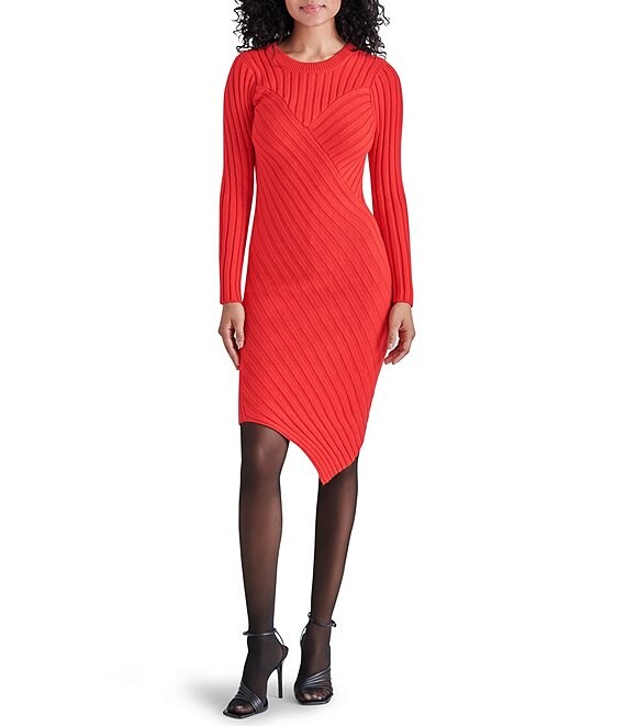 Color:Cherry Red - Image 1 - Serina Rib Knit Crew Neck Long Sleeve V-Hem Dress