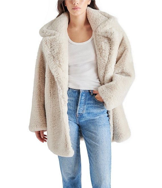 Steve Madden Snow Faux Fur Notch Collar Neck Long Sleeve Coat