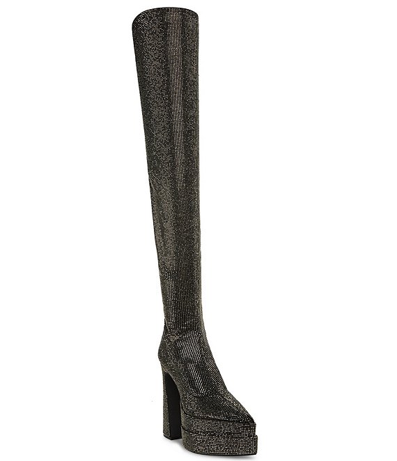 Color:Black - Image 1 - Sultry Rhinestone Over The Knee Platform Boots