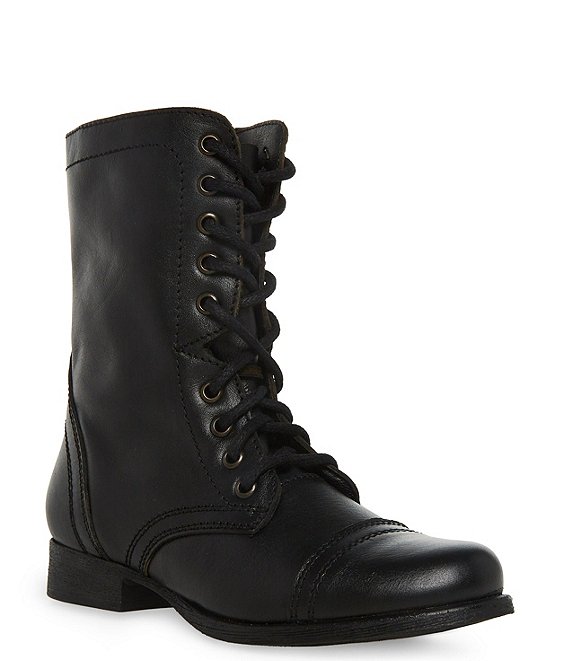 Color:Black - Image 1 - Troopa Military-Inspired Zipper Lace Up Leather Combat Boots