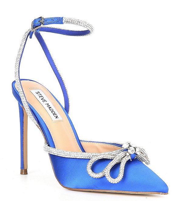 Color:Blue - Image 1 - Viable Rhinestone Embellished Bow Ankle Strap Pumps