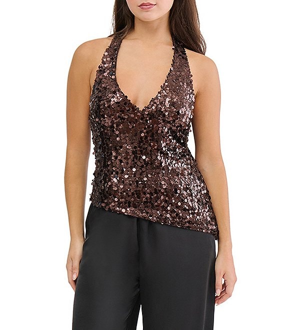 Stevie by Steve Madden Coordinating Sequin and Paillette Asymmetric Halter Top