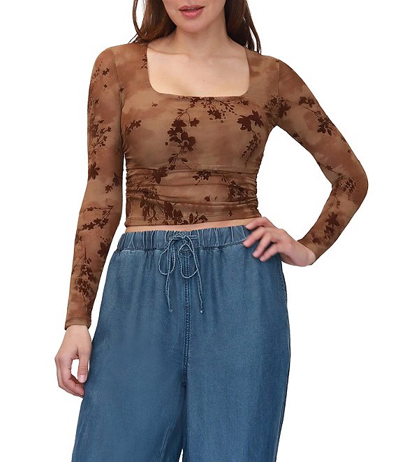 Stevie By Steve Madden Flocked Mesh Tie Dye Square Neck Ruched Side Long Sleeve Top
