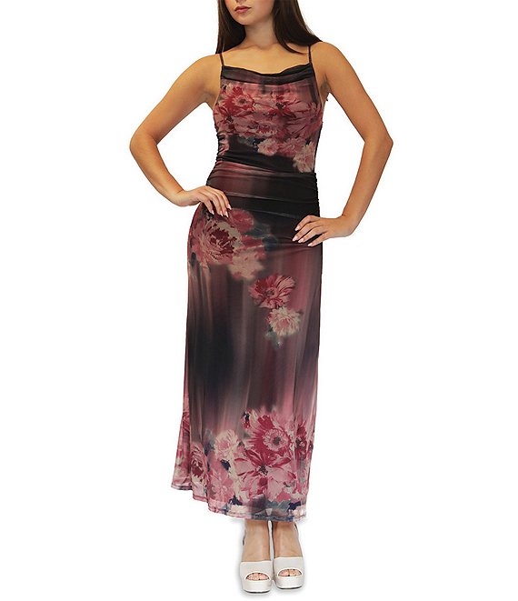 Stevie By Steve Madden Floral Printed Mesh Drape Neck Maxi Dress
