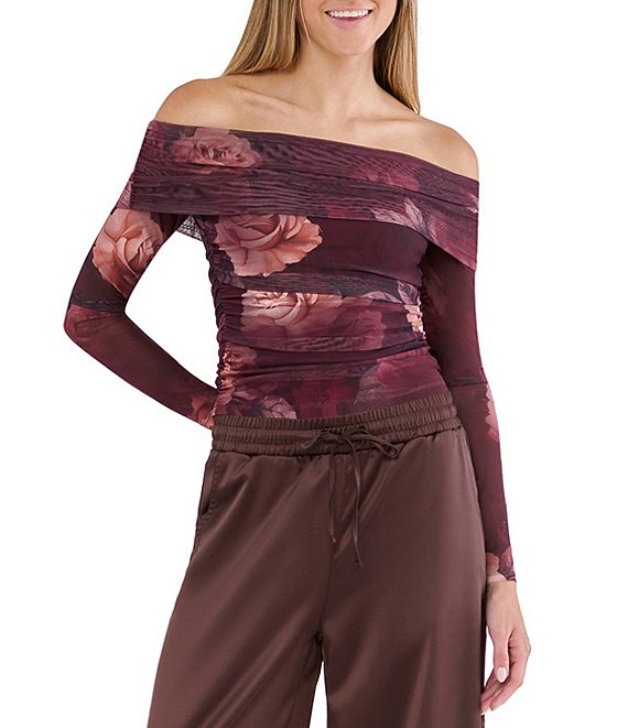 Stevie By Steve Madden Mesh Floral Printed Off-The-Shoulder Ruched Long Sleeve Top