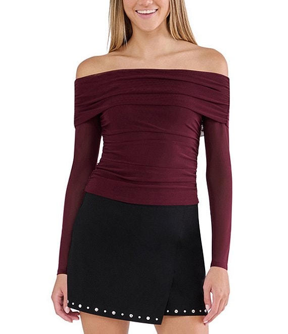 Stevie By Steve Madden Mesh Off Shoulder Long Sleeve Ruched Top