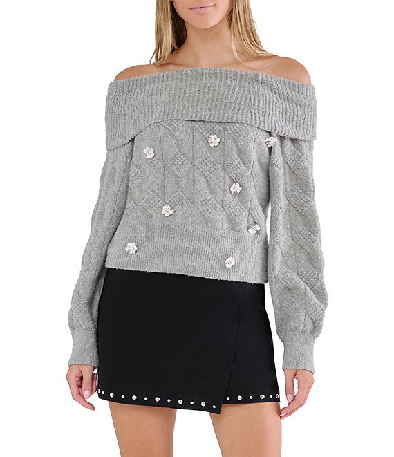 Stevie by Steve Madden Off-The-Shoulder Long Sleeve Embellished Cable Sweater