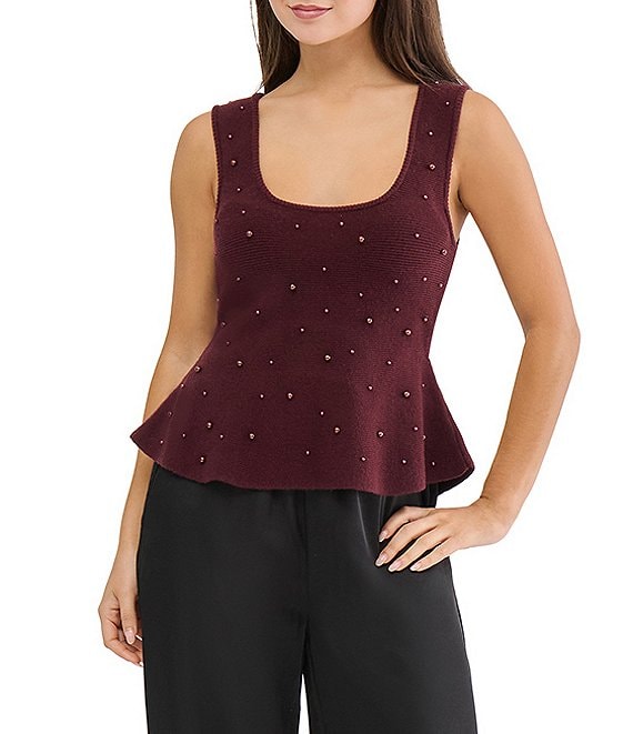 Stevie by Steve Madden Studded Pearl Scoop Neck Sleeveless Peplum Top