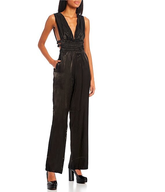 Color:Black - Image 1 - Grecian V-Neck Banded Waist Cutout Jumpsuit