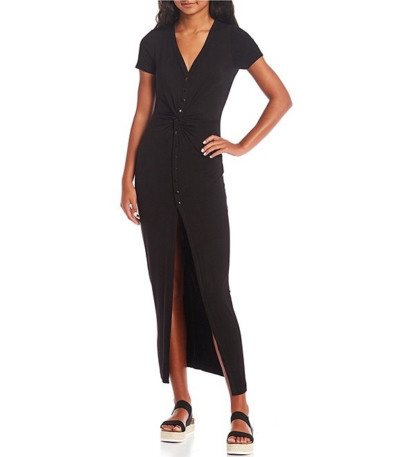 Color:Black - Image 1 - Short Sleeve Twisted Waist Long Dress