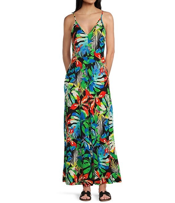 Stilletto's V-Neck Center Seam Tropical Knit Maxi Dress | Dillard's