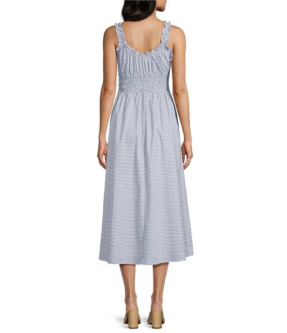 Storia Gingham Print Smocked Bodice Bow Front Midi Dress, Womens, Juniors, M, Blue/White Storia Gingham Print Smocked Bodice Bow Front Midi Dress, Womens, Juniors, M, Blue/White