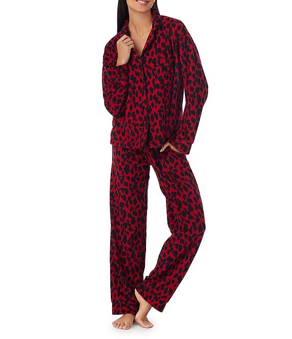 Stretch Fleece Animal Print Notch Collar Long Sleeve Top & Pant Pajama ...