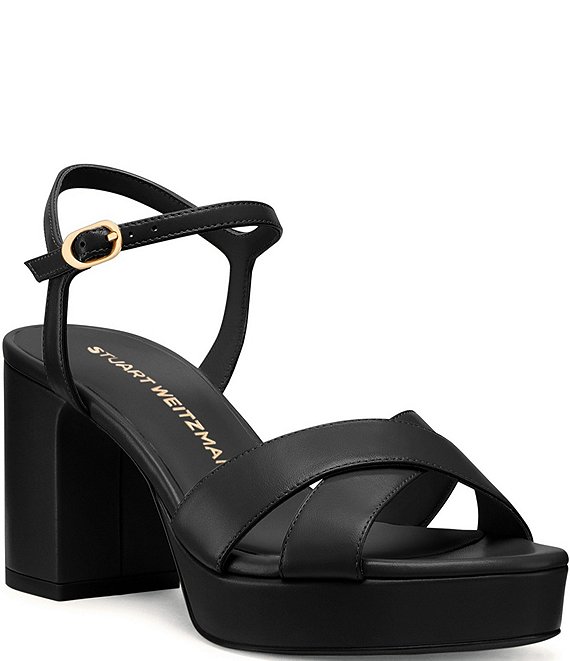 Stuart Weitzman Dayna 80 Leather Ankle Strap Platform Block Heel Sandals