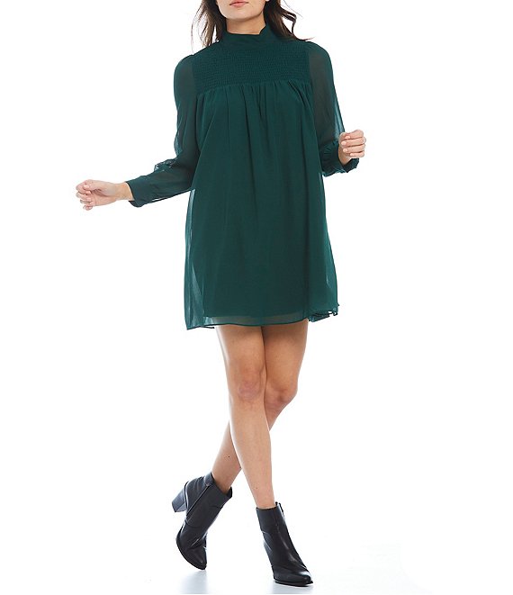 Color:Emerald - Image 1 - Chiffon Smocked Yoke Long Sleeve Mock Neck Mini Babydoll Dress