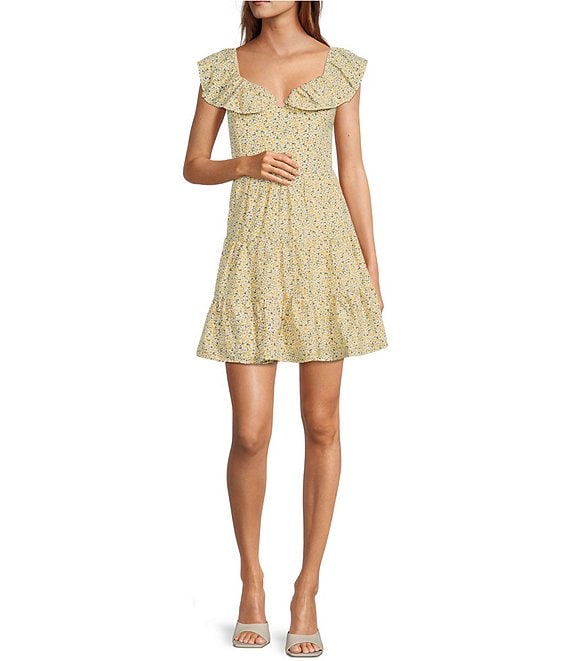 Color:White/Yellow - Image 1 - Ditsy Floral Print Ruffle Sweetheart Neck Cap Sleeve Tiered Mini Dress
