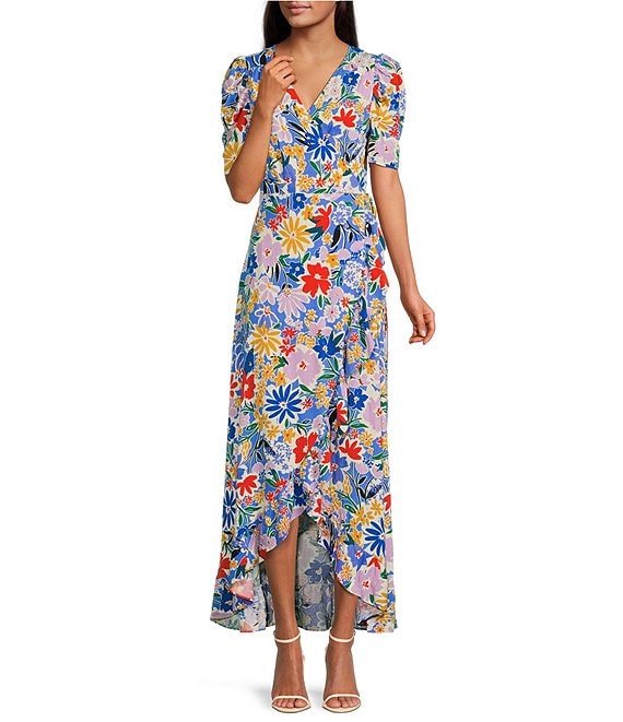 Sugarlips Floral Print Surplice V-Neck Short Puff Sleeve Ruffle Tie Wrap Maxi Dress