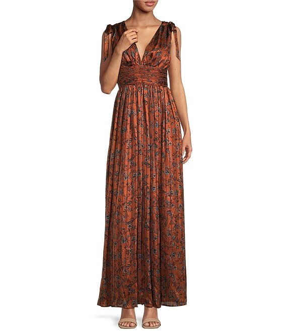 Sugarlips Leoben Floral Descanso V-Neck Sleeveless Pleated Maxi Dress, Brown Black - Image 1