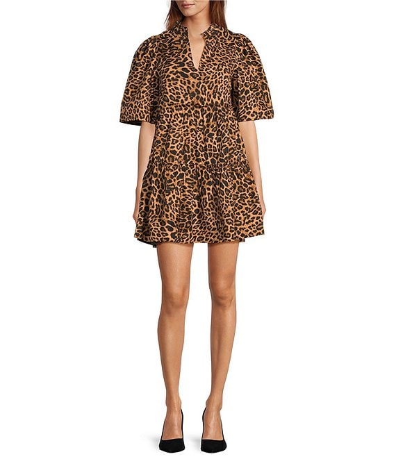 Sugarlips Leopard Printed Split V-Neck Short Sleeve Tiered Mini Dress, Leopard - Image 1
