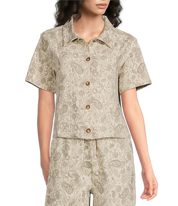 Sugarlips Paisley Printed Collared Short Sleeve Coordinating Denim Shirt-Jacket
