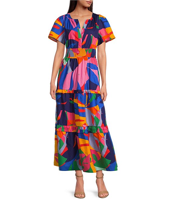 Sugarlips Palmer Abstract Printed Multi Color V-Neck Short Sleeve Poplin Tiered Smocked Waist Maxi Dress, Red Multi Blue - Image 1