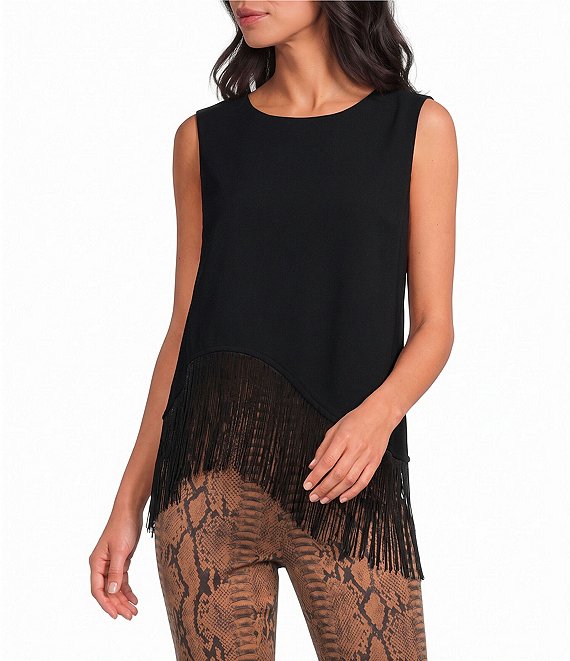 Sugarlips Petite Lendria Round Neck Sleeveless Asymmetrical Fringe Hem Coordinating Top