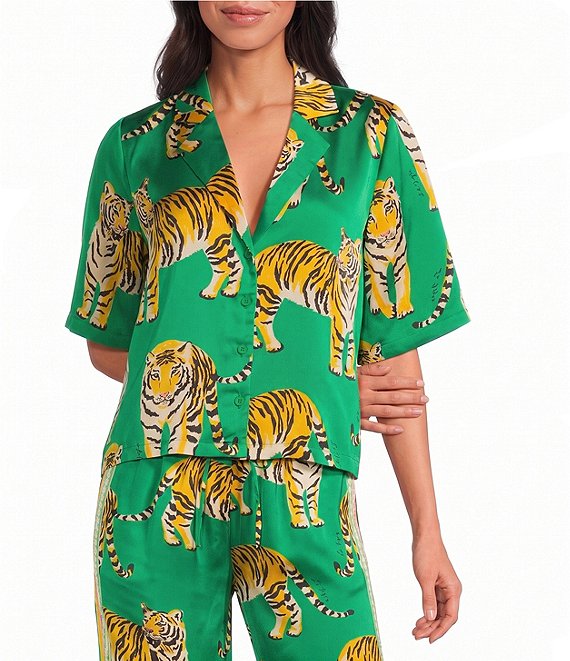 Sugarlips Petite Size Violda Tiger Printed Satin Collared Short Sleeve Button Down Coordinating Top