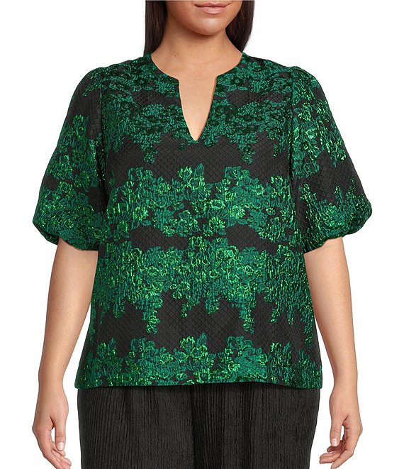 Sugarlips Plus Elyna Floral Jacquard Alena Split V-Neck Puff Sleeves Pullover Top