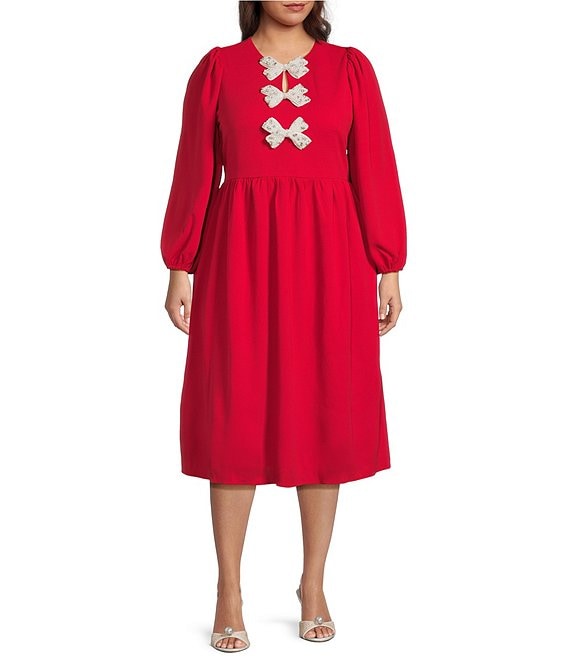 Sugarlips Plus Pearl Jena Glow Bow Round Neck Long Sleeve Velvet Midi Dress, Red - Image 1