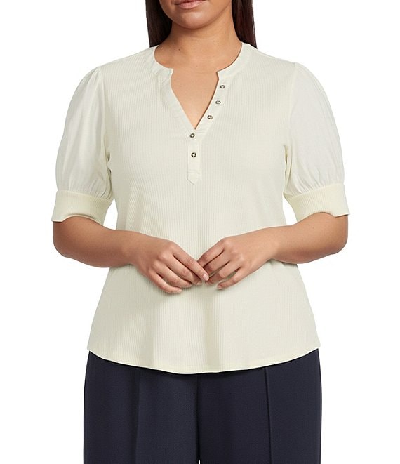 Sugarlips Plus Size Poplin-Sleeve Ribbed Top