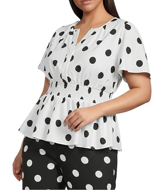 Sugarlips Plus Randal Polda Dot Print Split V-Neck Short Sleeve Peplum Coordinating Top