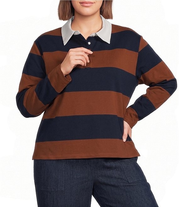 Sugarlips Plus Size Chocolate Cropped Rugby Stripe Collared Long Sleeve Polo Shirt