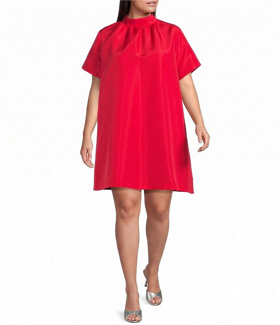 Sugarlips Plus Size Heather Rhinestone Back Tie Mock Neck Short Sleeve Shift Mini Dress